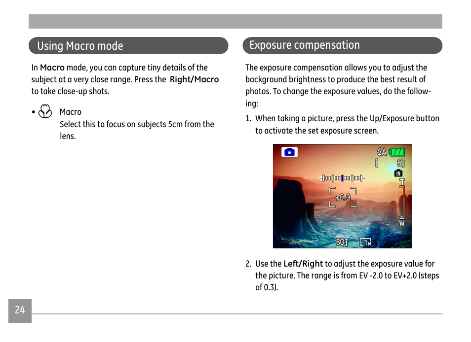 Using macro mode, Exposure compensation | GE A1250 User Manual | Page 28 / 106