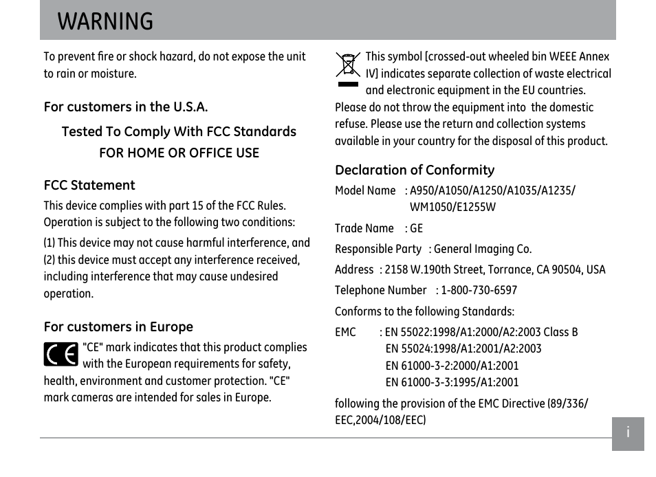Warning | GE A1250 User Manual | Page 3 / 106