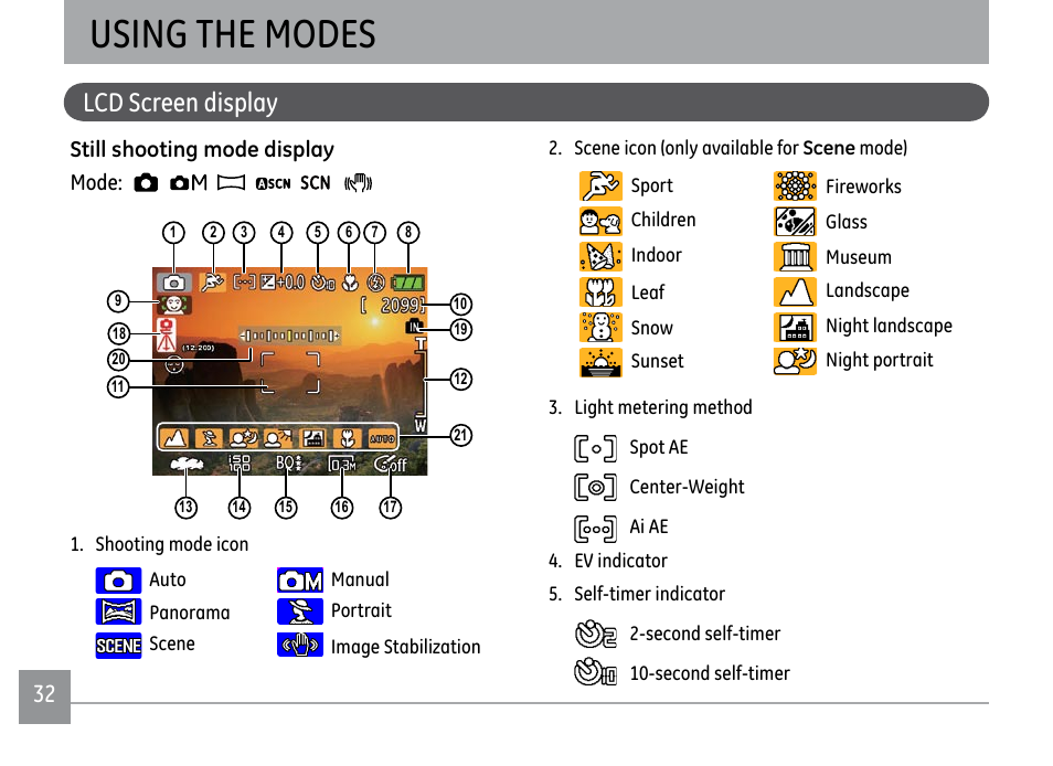Using the modes, Lcd screen display | GE A1250 User Manual | Page 36 / 106