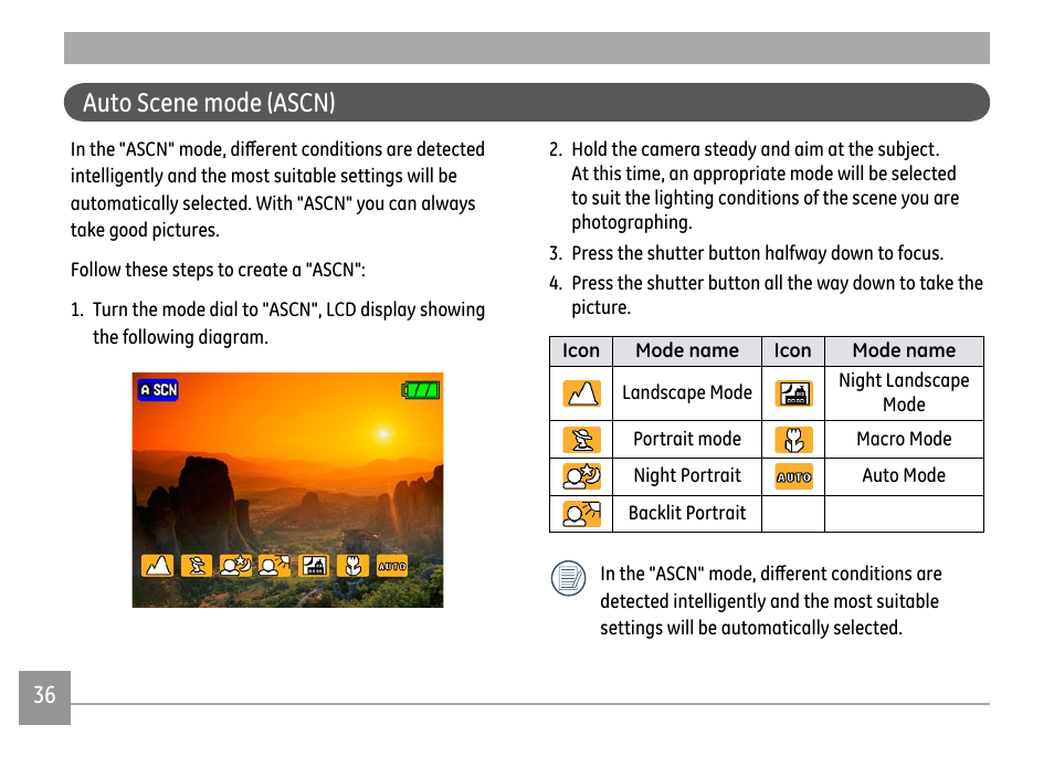 Auto scene mode (ascn) | GE A1250 User Manual | Page 40 / 106