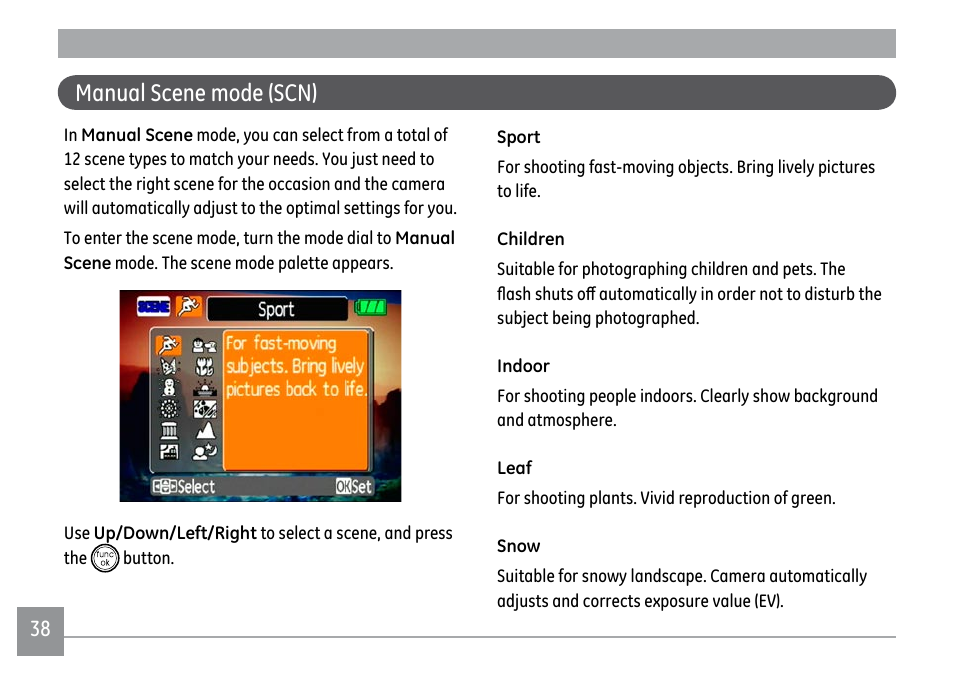 Manual scene mode (scn) | GE A1250 User Manual | Page 42 / 106