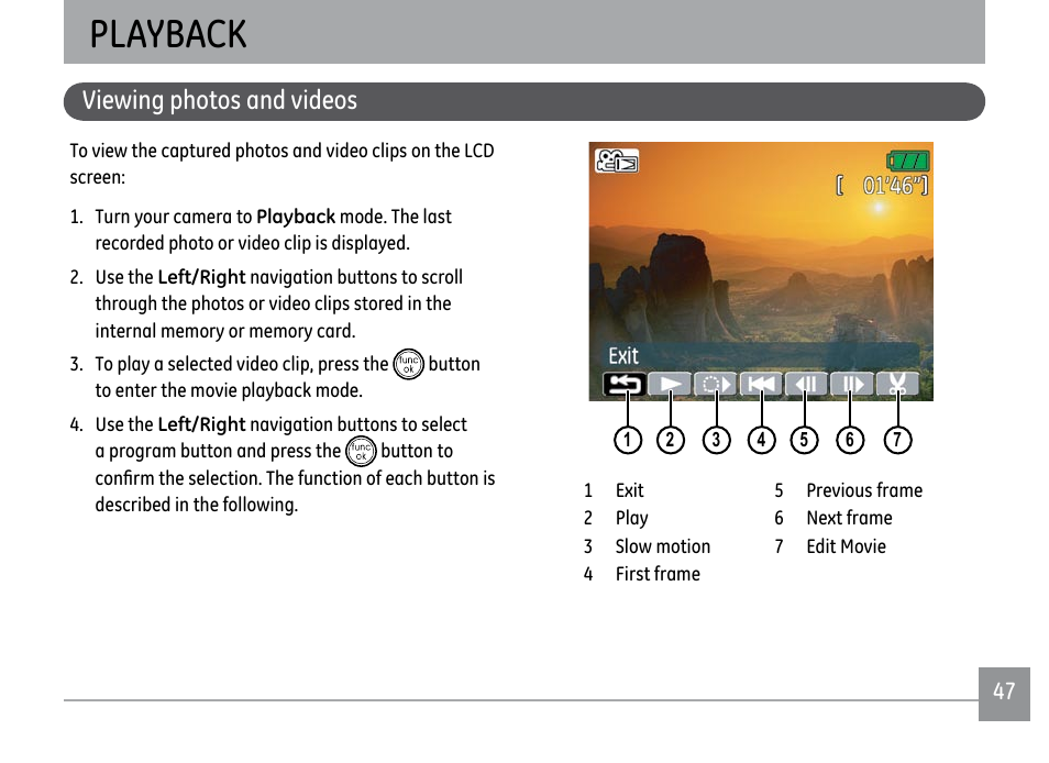 Playback, Viewing photos and videos | GE A1250 User Manual | Page 51 / 106