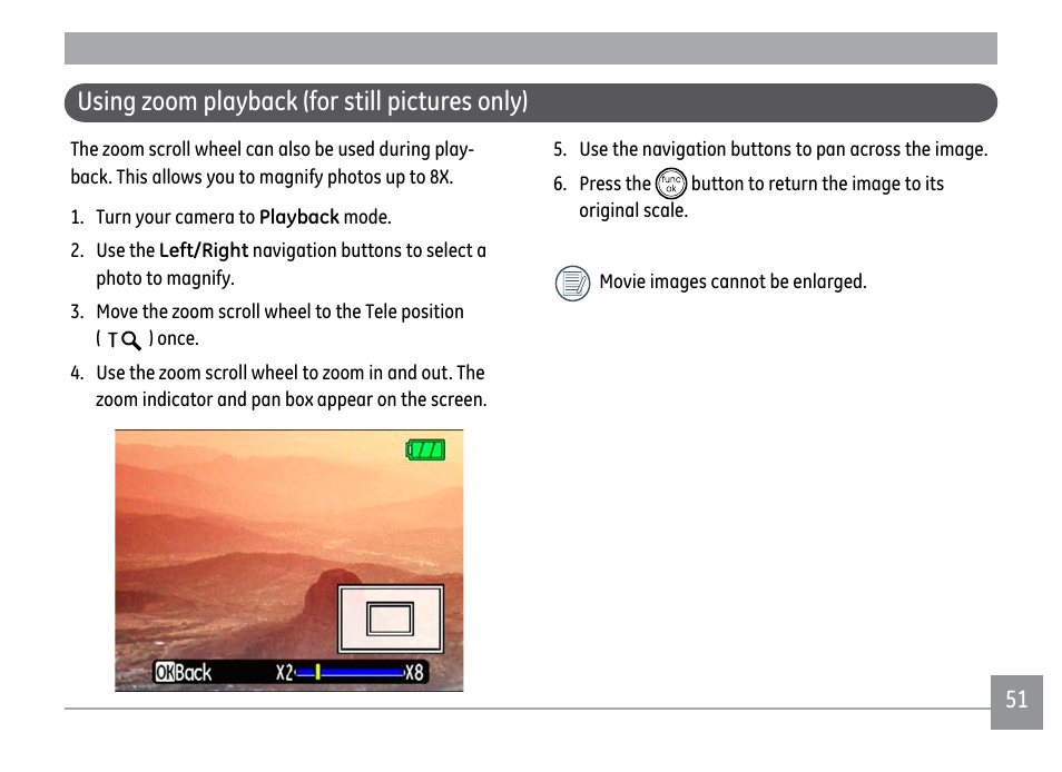 Using zoom playback (for still pictures only) | GE A1250 User Manual | Page 55 / 106