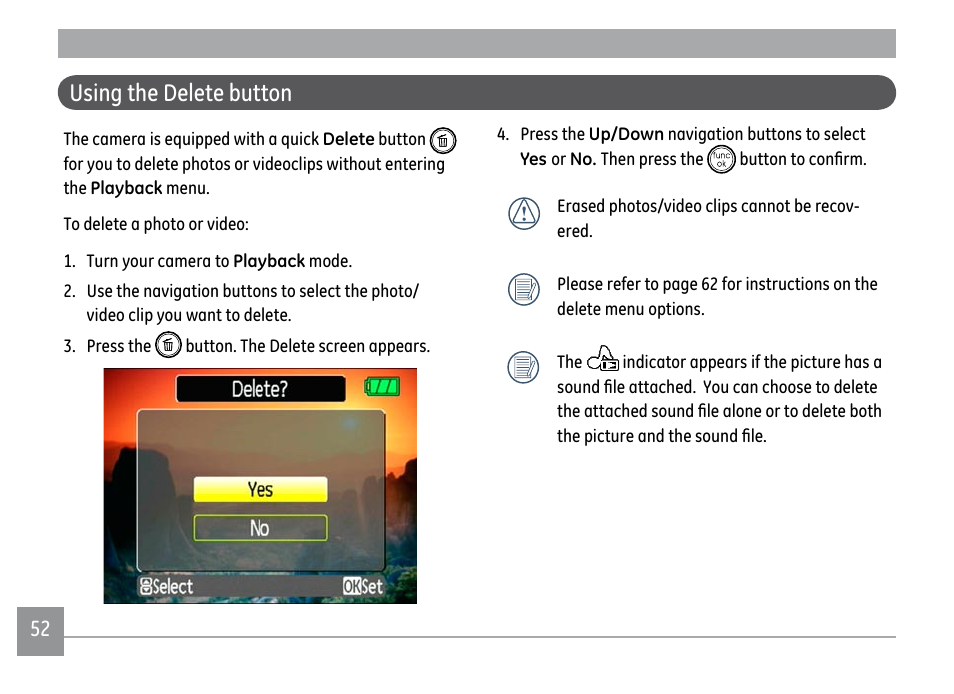 Using the delete button | GE A1250 User Manual | Page 56 / 106