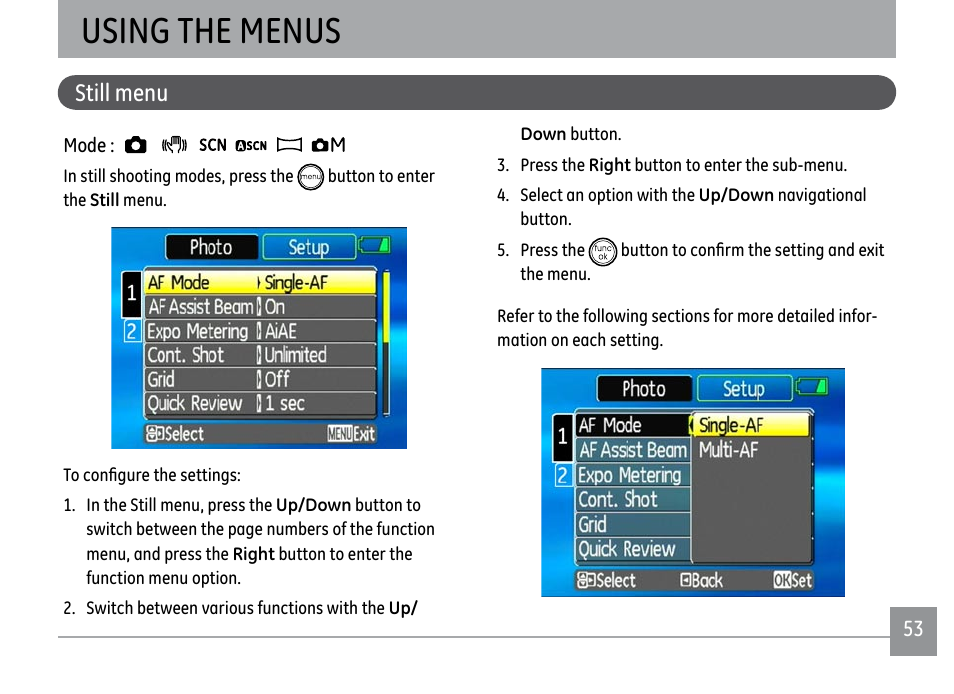 Using the menus, Still menu | GE A1250 User Manual | Page 57 / 106