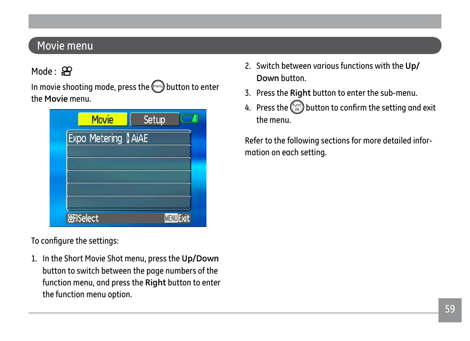 Movie menu | GE A1250 User Manual | Page 63 / 106
