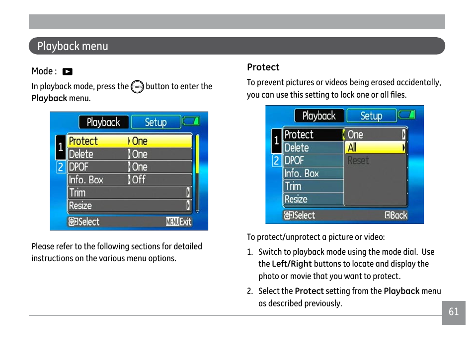 Playback menu | GE A1250 User Manual | Page 65 / 106