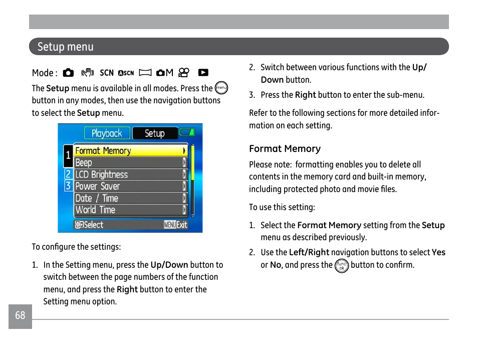 Setup menu | GE A1250 User Manual | Page 72 / 106