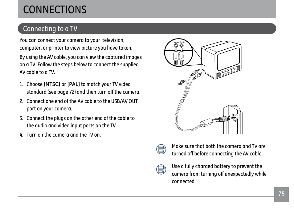 Connections, Connecting to a tv | GE A1250 User Manual | Page 79 / 106