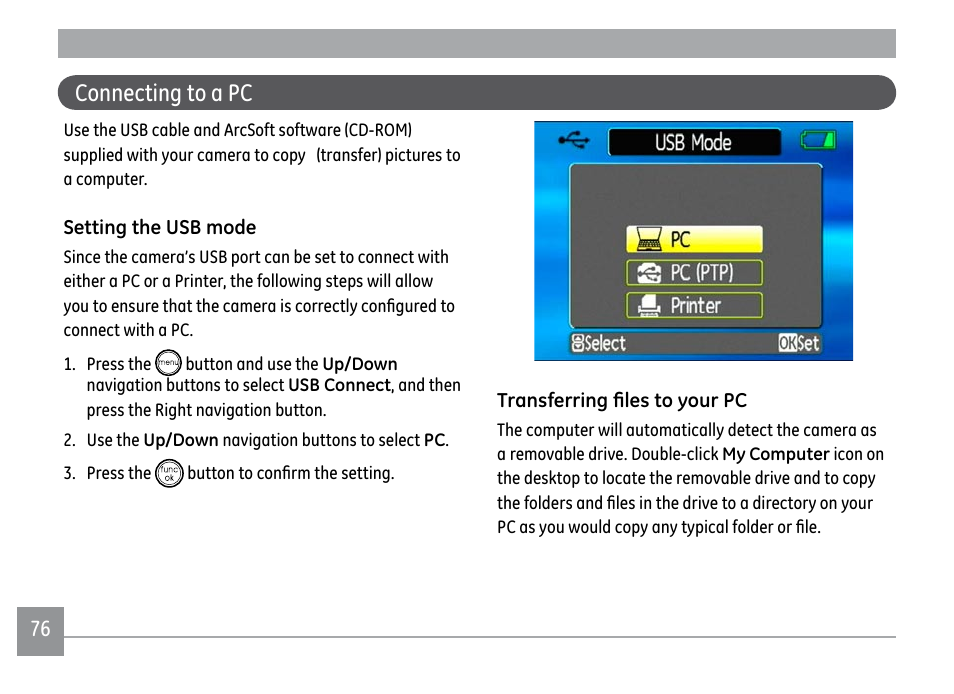 Connecting to a pc | GE A1250 User Manual | Page 80 / 106