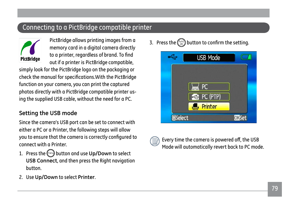 Connecting to a pictbridge compatible printer | GE A1250 User Manual | Page 83 / 106