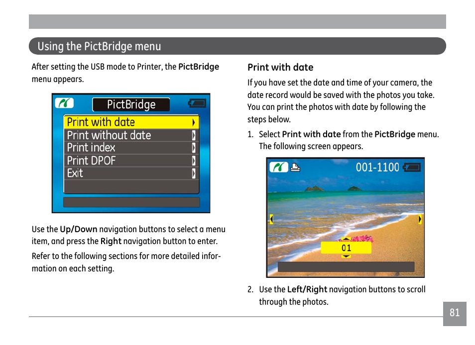 Using the pictbridge menu | GE A1250 User Manual | Page 85 / 106