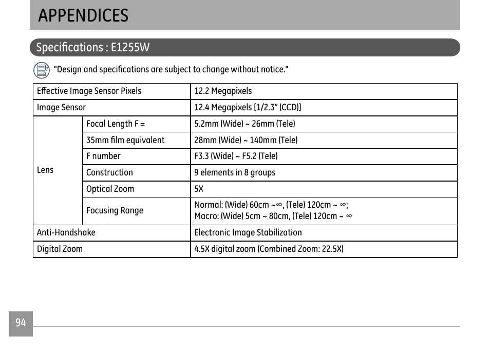 Appendices, Specifications : e1255w | GE A1250 User Manual | Page 98 / 106