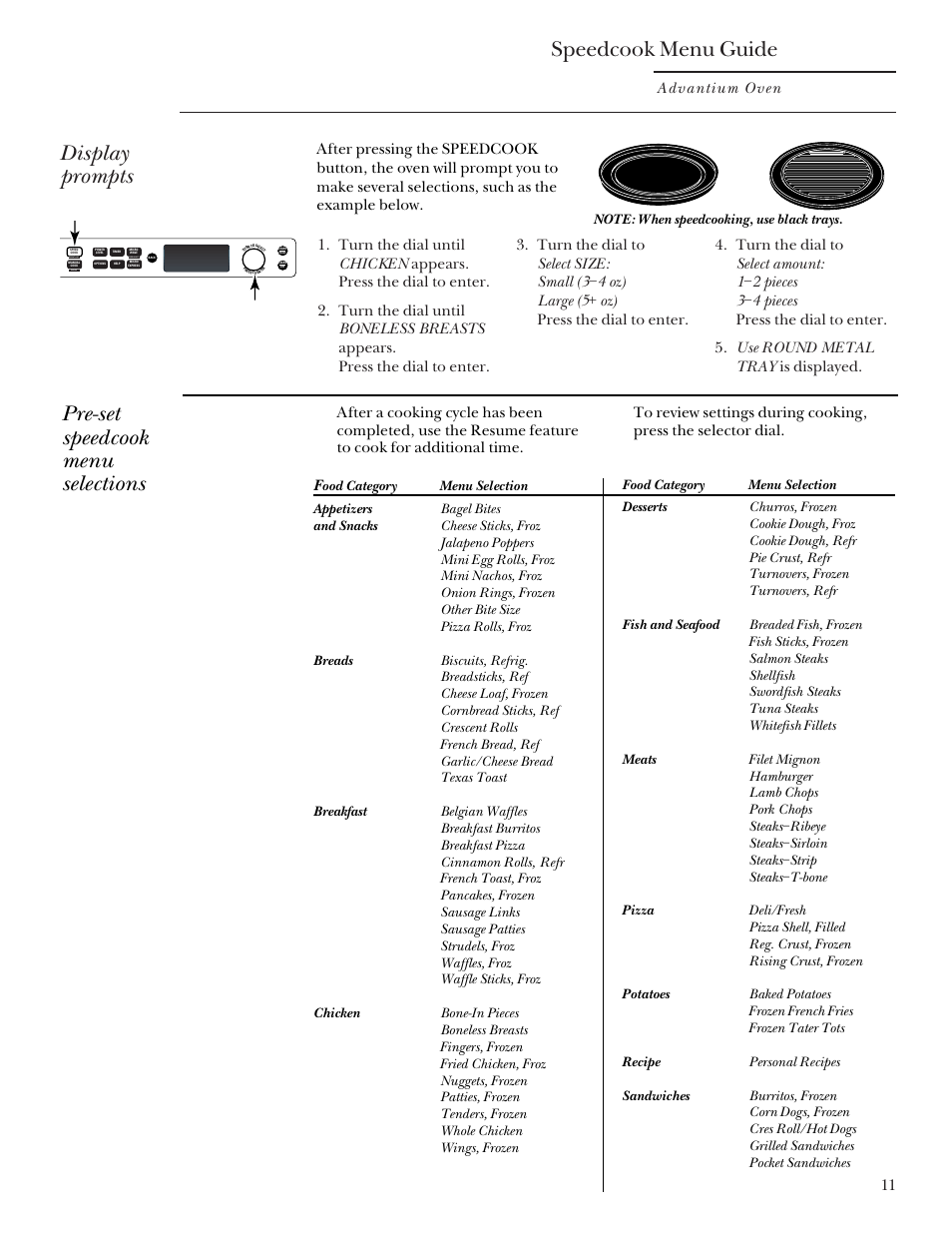 Speedcook menu guide, Micro express, Micro express , 23 | Display prompts, Pre-set speedcook menu selections, Advantium oven | GE SCB2000 User Manual | Page 11 / 44