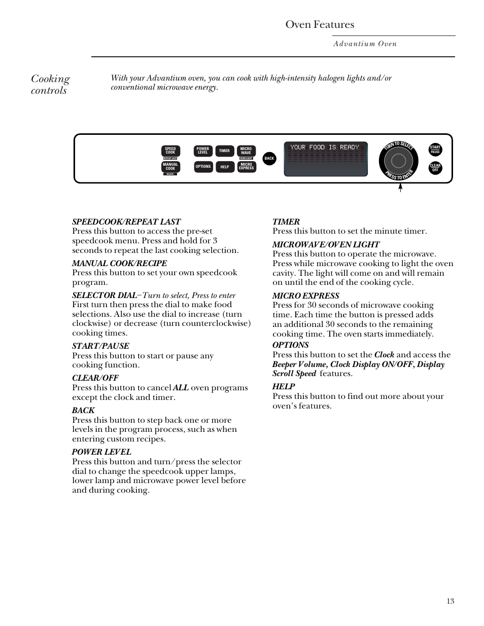 Cooking controls, Cooking controls oven features, 13 advantium oven | GE SCB2000 User Manual | Page 13 / 44