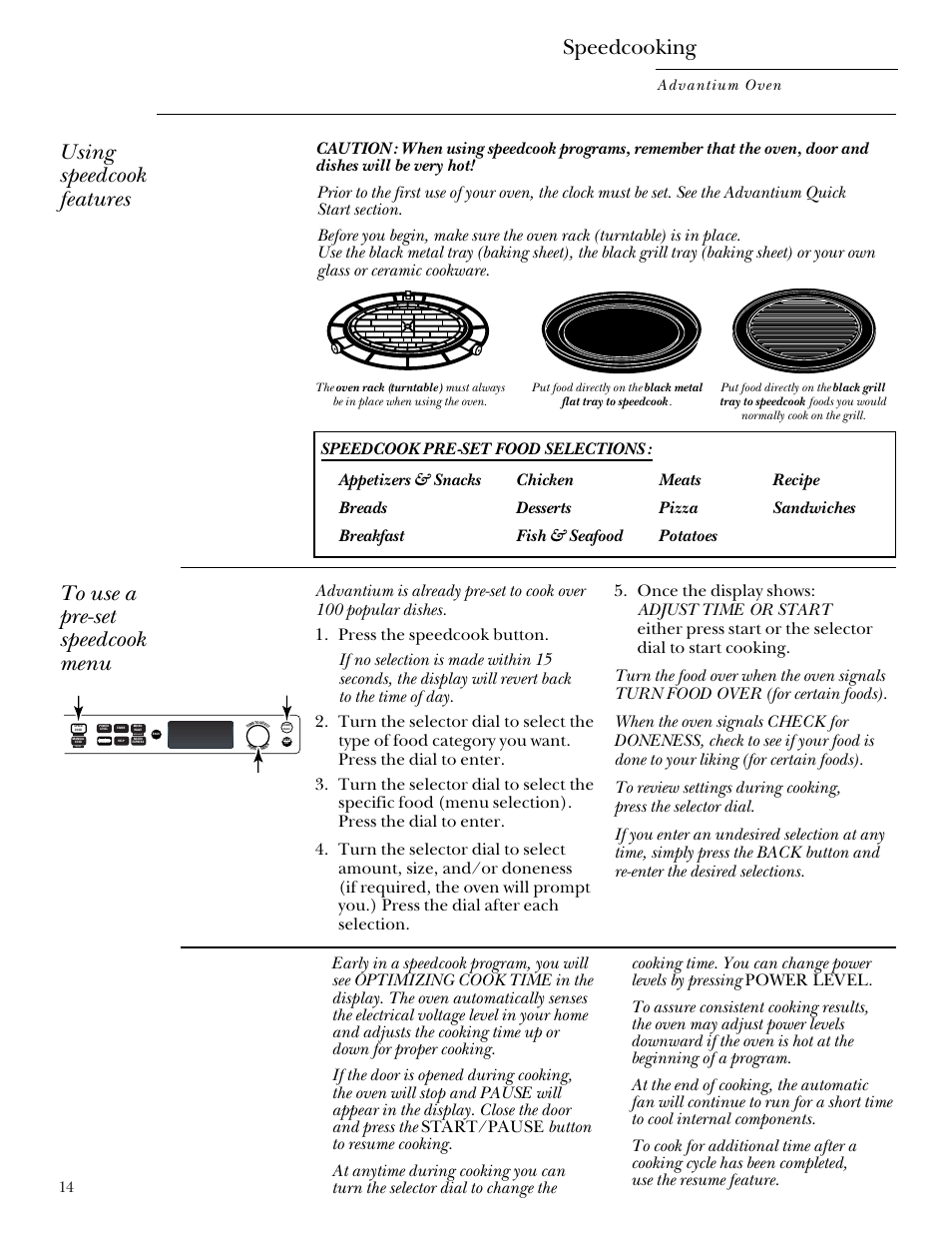 Using a pre-set speedcook menu, Speedcooking, Using speedcook features | GE SCB2000 User Manual | Page 14 / 44