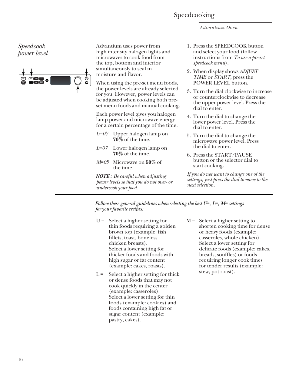 Power level, Speedcooking, Speedcook power level | Advantium oven | GE SCB2000 User Manual | Page 16 / 44