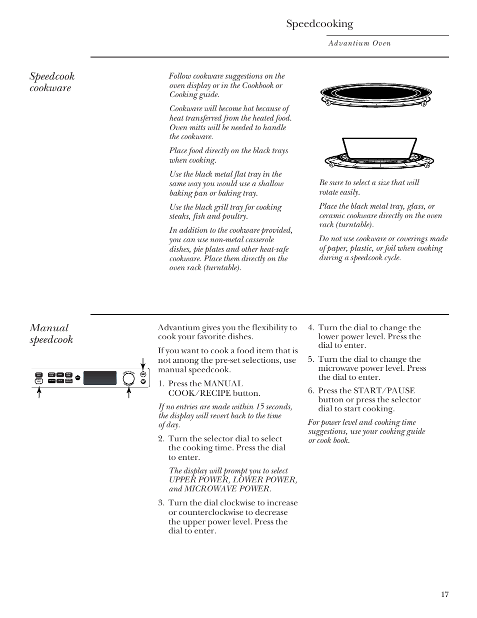 Manual speedcook, Speedcook cookware, Speedcooking | GE SCB2000 User Manual | Page 17 / 44