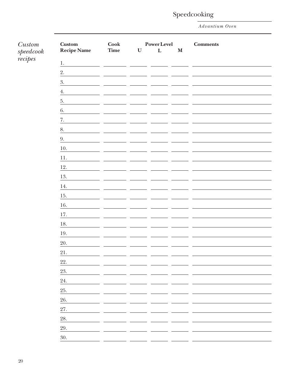 Custom speedcook recipes speedcooking | GE SCB2000 User Manual | Page 20 / 44