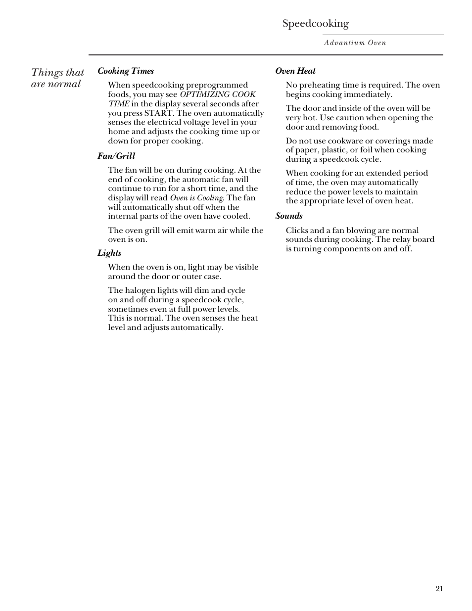 Things that are normal, Speedcooking | GE SCB2000 User Manual | Page 21 / 44