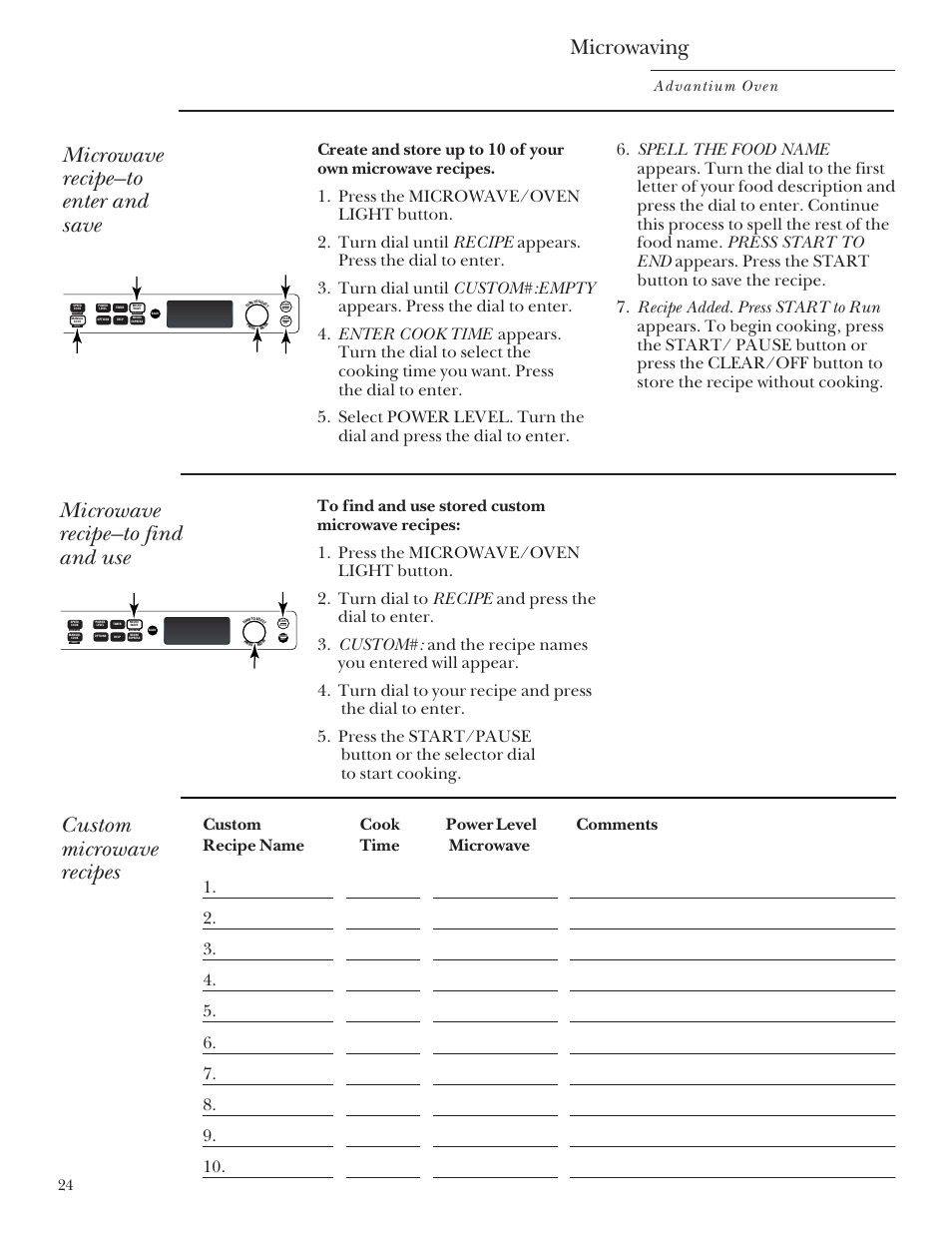 Custom microwave recipes, Custom microwave recipes –25, Microwaving | Microwave recipe—to enter and save, Microwave recipe—to find and use, Advantium oven, Repeat last oven light recipe | GE SCB2000 User Manual | Page 24 / 44
