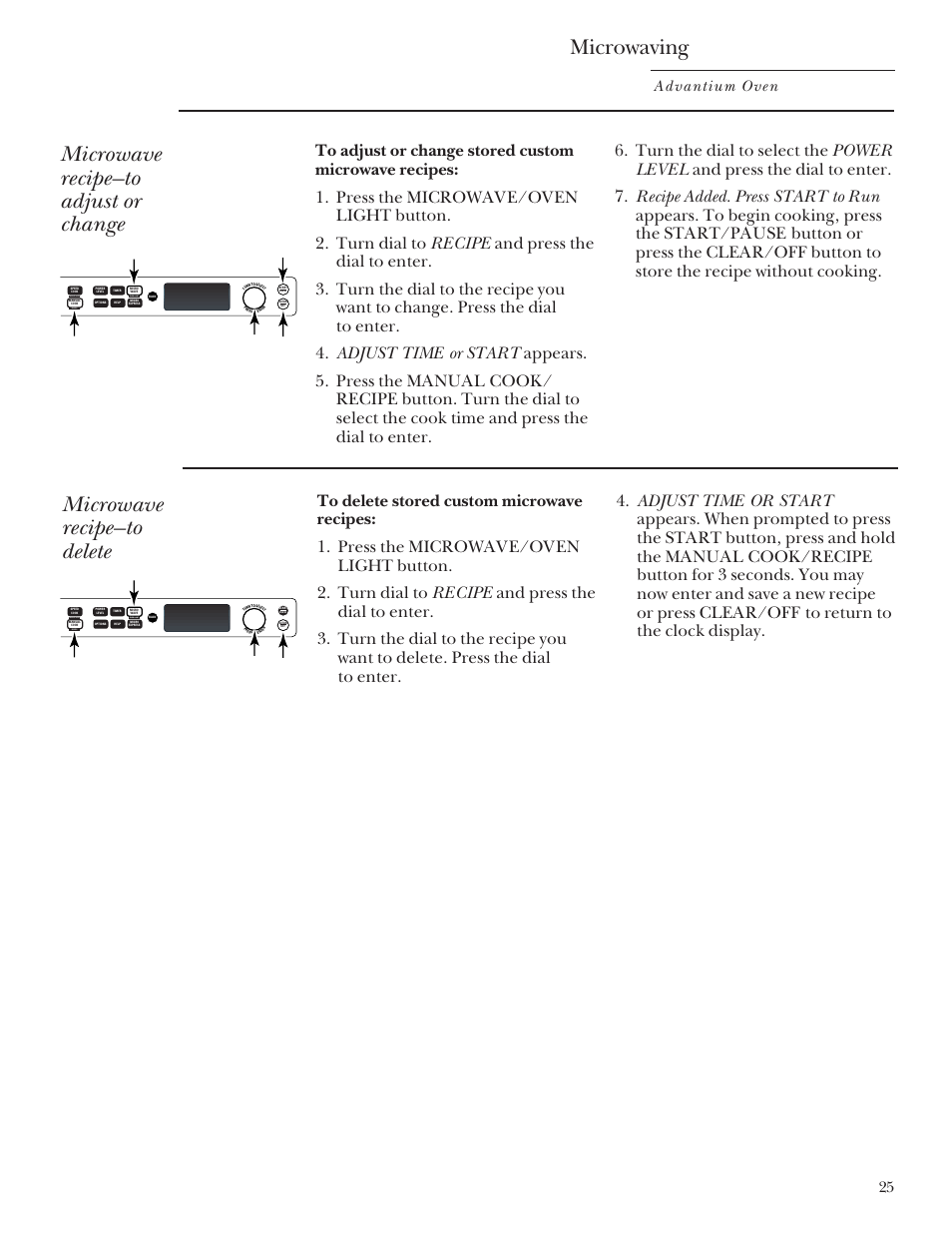 Microwaving, Microwave recipe—to adjust or change, Microwave recipe—to delete | Advantium oven, Repeat last oven light recipe | GE SCB2000 User Manual | Page 25 / 44