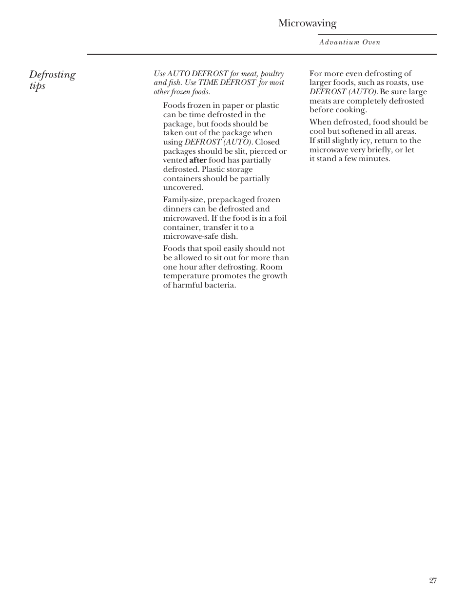 Defrosting tips, Microwaving | GE SCB2000 User Manual | Page 27 / 44