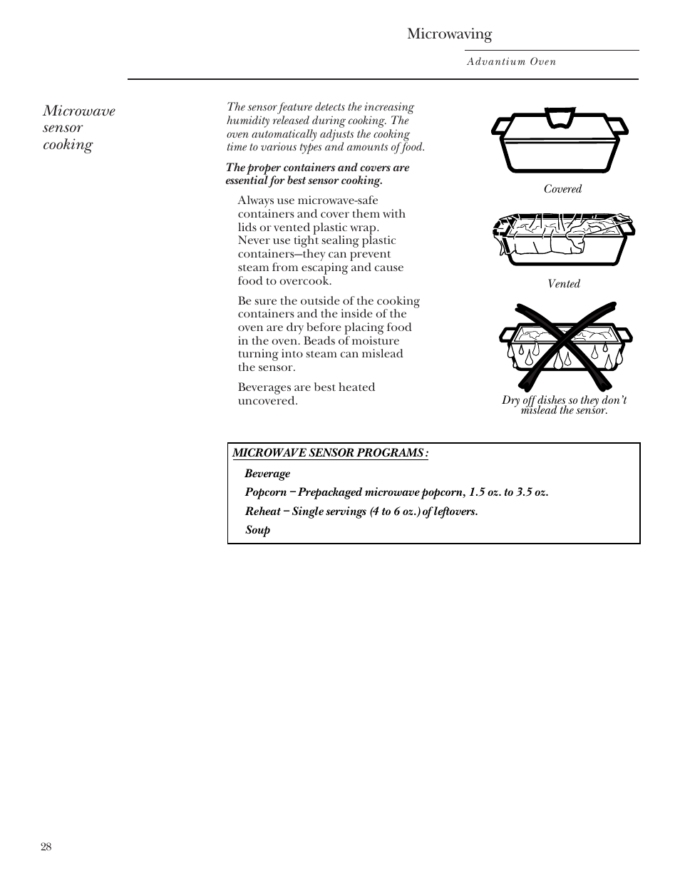 Sensor cooking, Sensor cooking –29, Microwaving | Microwave sensor cooking | GE SCB2000 User Manual | Page 28 / 44