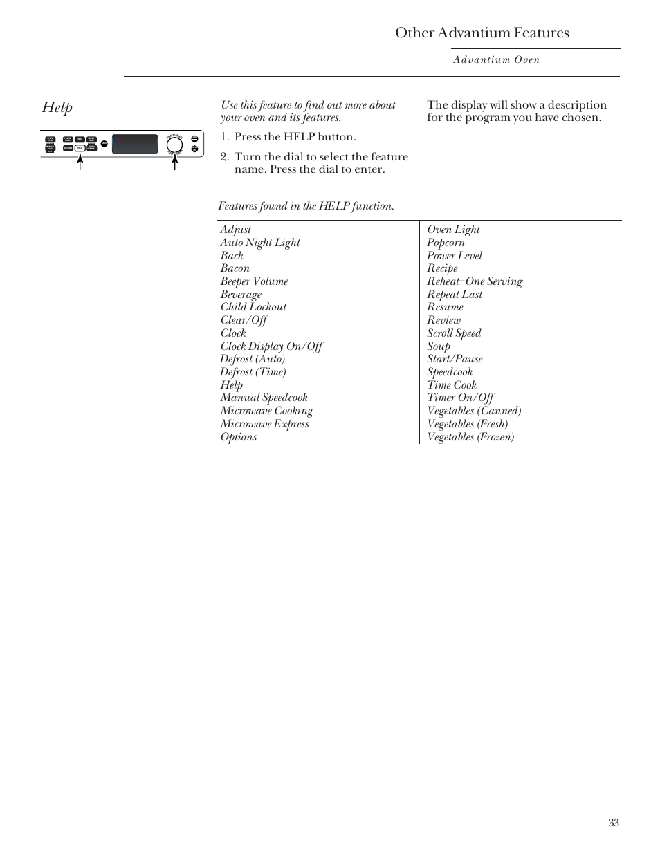 Help, Other advantium features, Advantium oven | Repeat last oven light recipe | GE SCB2000 User Manual | Page 33 / 44