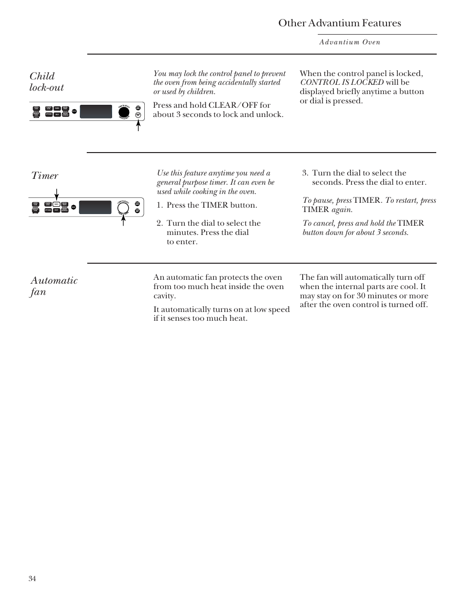 Automatic fan, Child lockout, Timer | Other advantium features, Child lock-out, Advantium oven, Repeat last oven light recipe | GE SCB2000 User Manual | Page 34 / 44