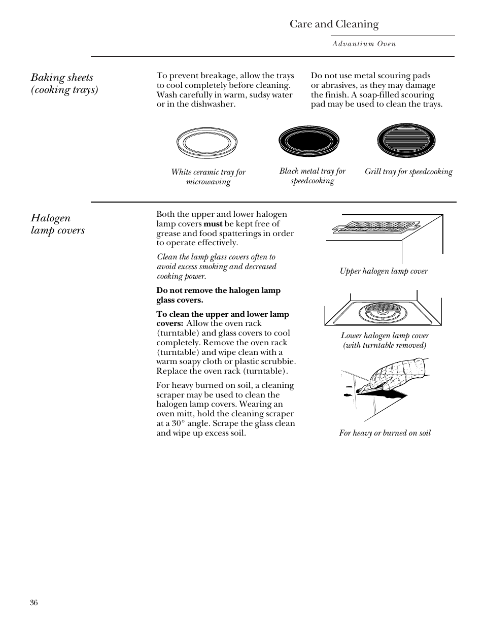 Lamp covers, Care and cleaning, Baking sheets (cooking trays) | Halogen lamp covers | GE SCB2000 User Manual | Page 36 / 44