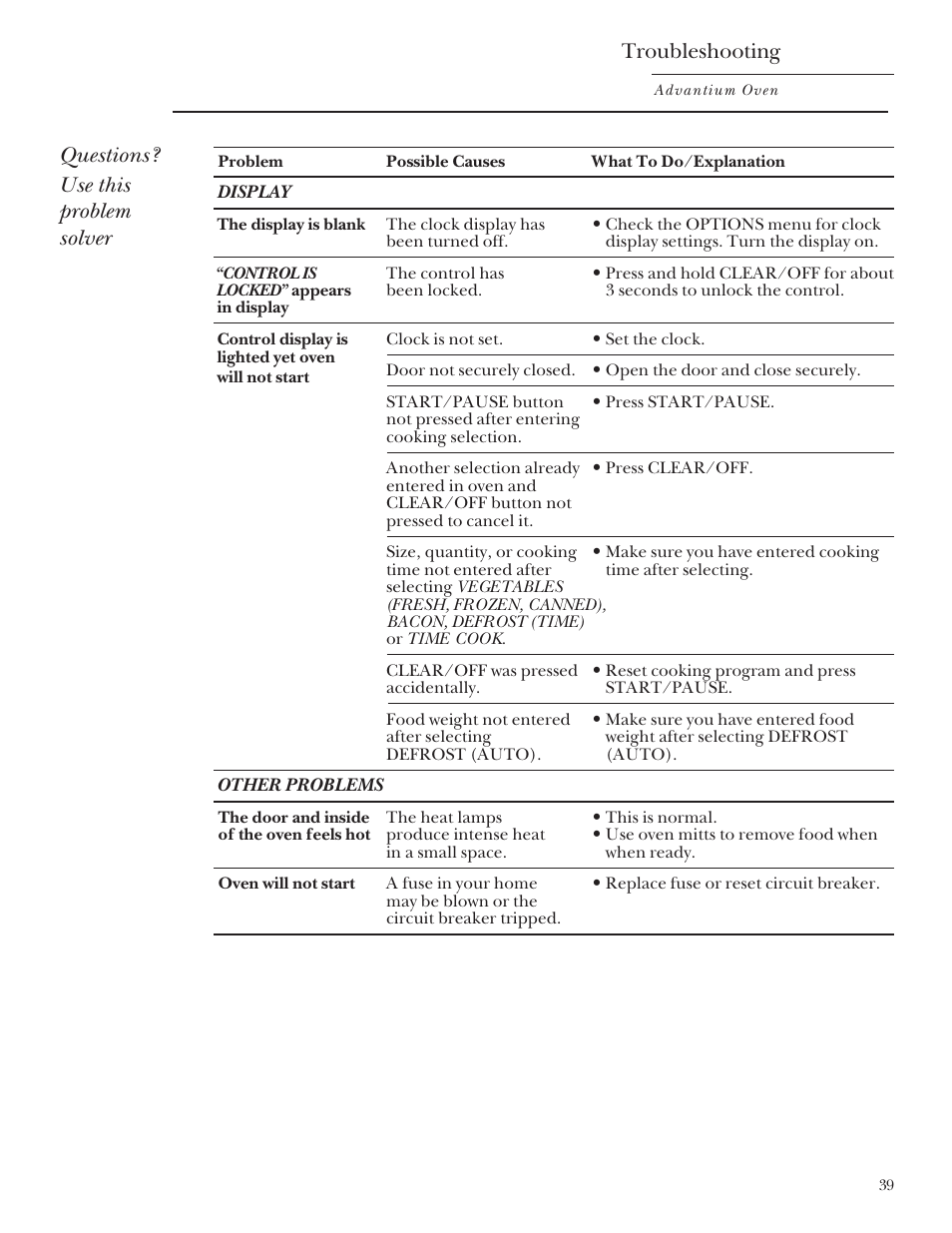 Questions? use this problem solver, Troubleshooting | GE SCB2000 User Manual | Page 39 / 44