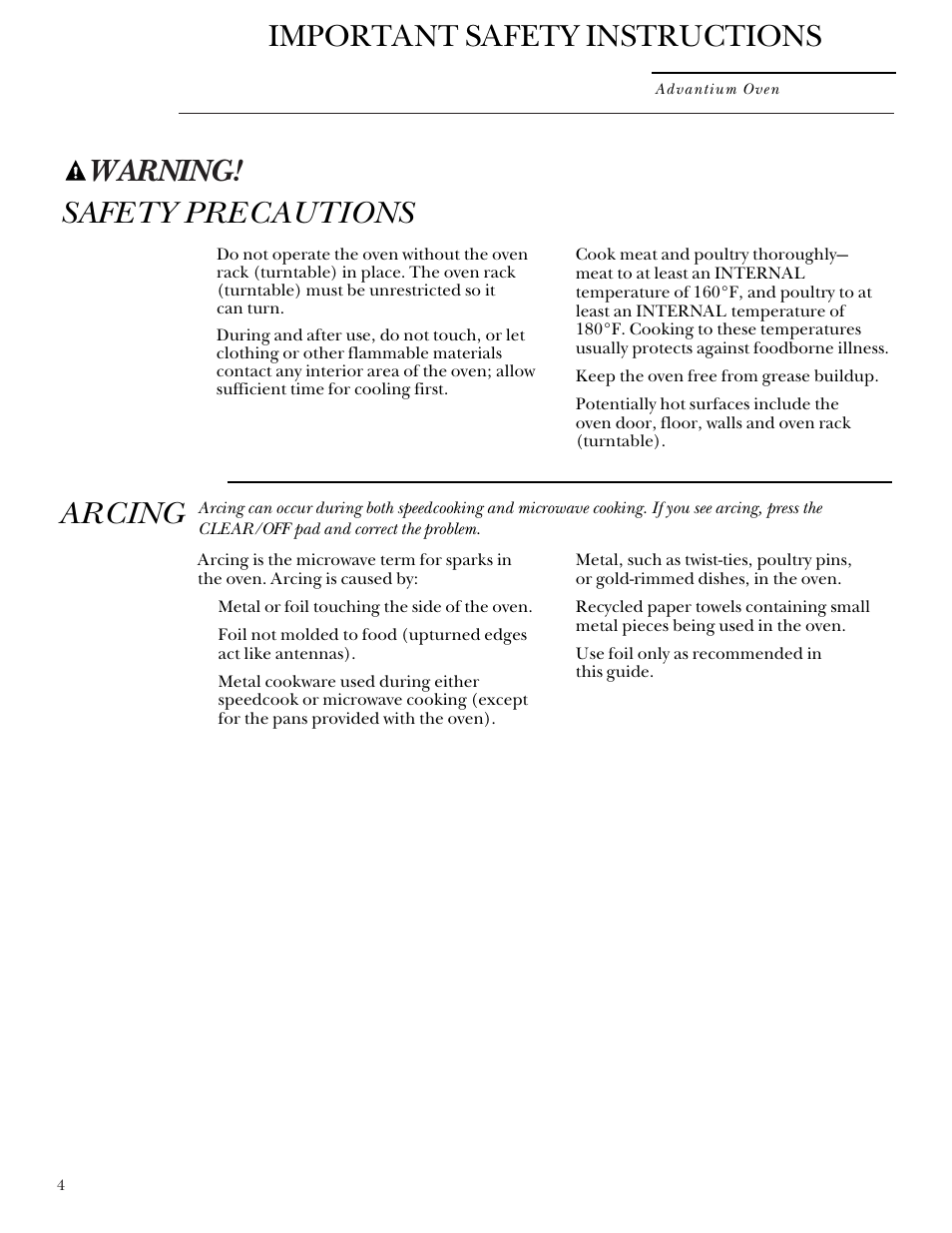 Warning, Important safety instructions, Safety precautions | Arcing | GE SCB2000 User Manual | Page 4 / 44