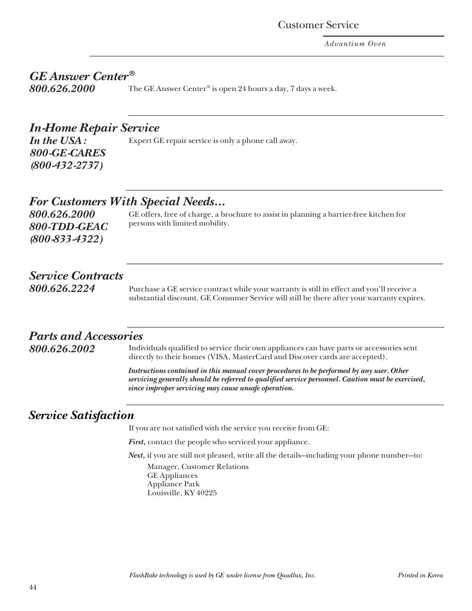 Service phone numbers, Service phone numbers . .back cover, Ge answer center | In-home repair service, Service contracts, Parts and accessories, For customers with special needs, Service satisfaction | GE SCB2000 User Manual | Page 44 / 44