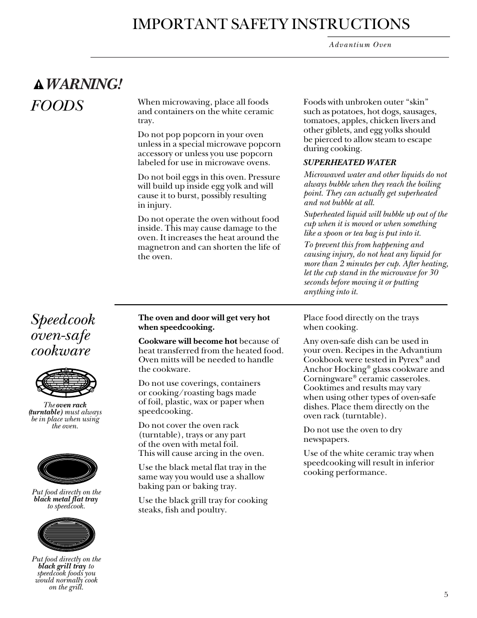 Speedcook-safe cookware, Warning, Important safety instructions | Foods speedcook oven-safe cookware | GE SCB2000 User Manual | Page 5 / 44