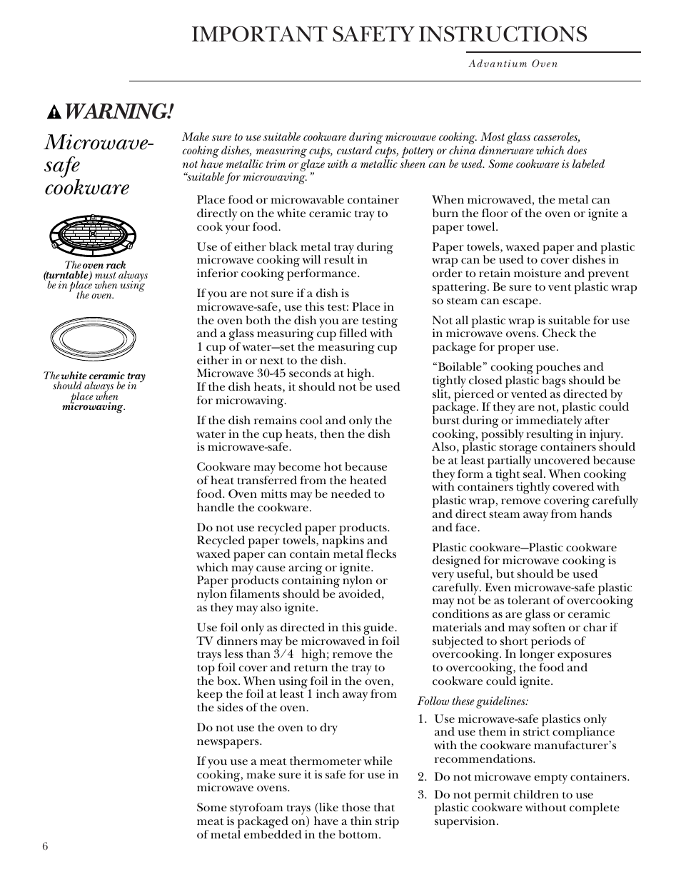 Microwave-safe cookware, Important safety instructions, Warning | Microwave- safe cookware | GE SCB2000 User Manual | Page 6 / 44