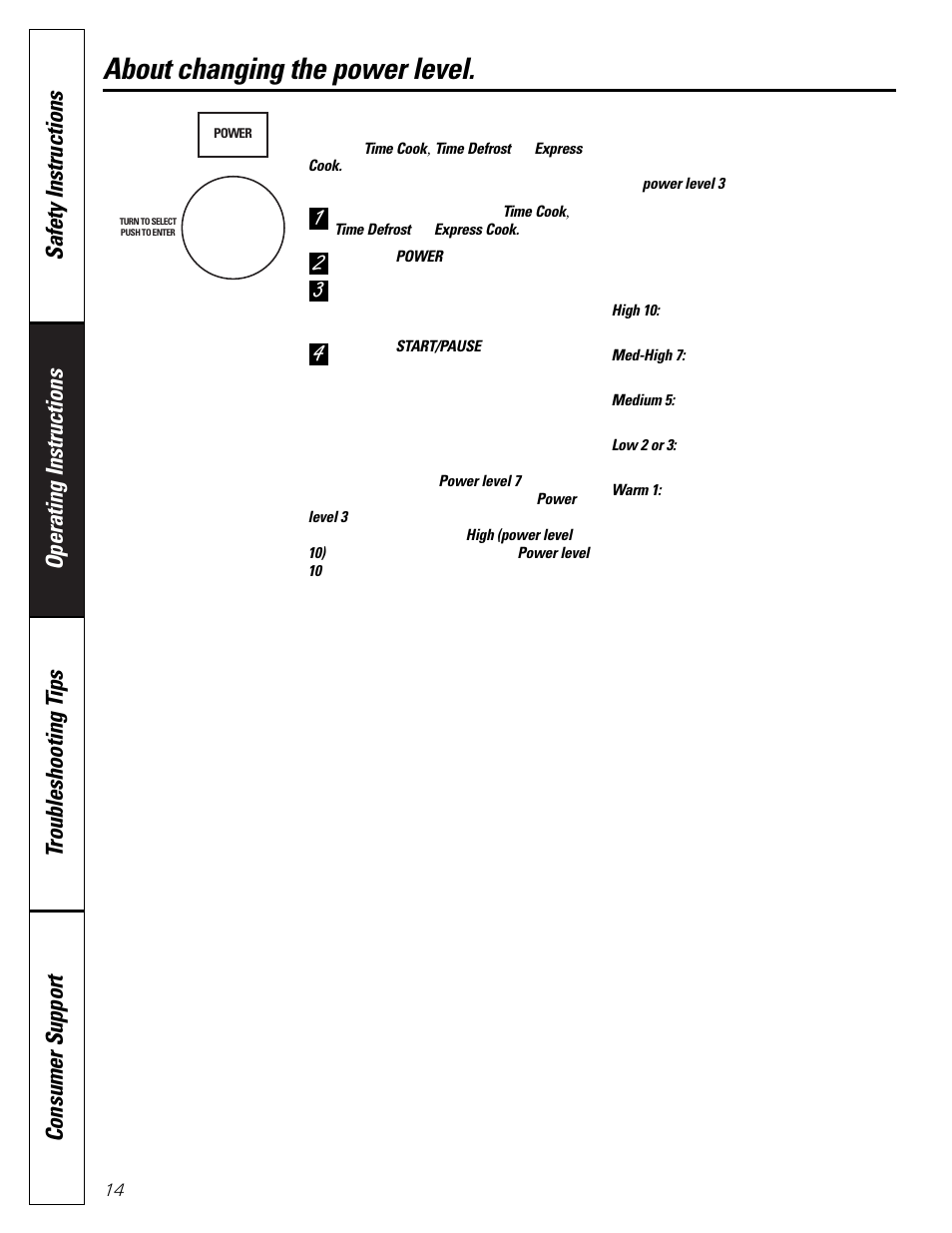 Changing power level, About changing the power level | GE SPACEMAKER JVM1490 User Manual | Page 14 / 72