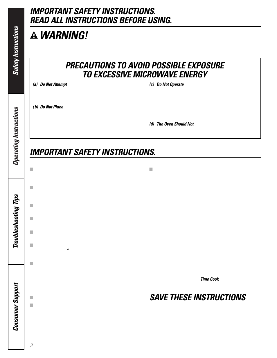 Safety instructions, Warning, Save these instructions | GE SPACEMAKER JVM1490 User Manual | Page 2 / 72