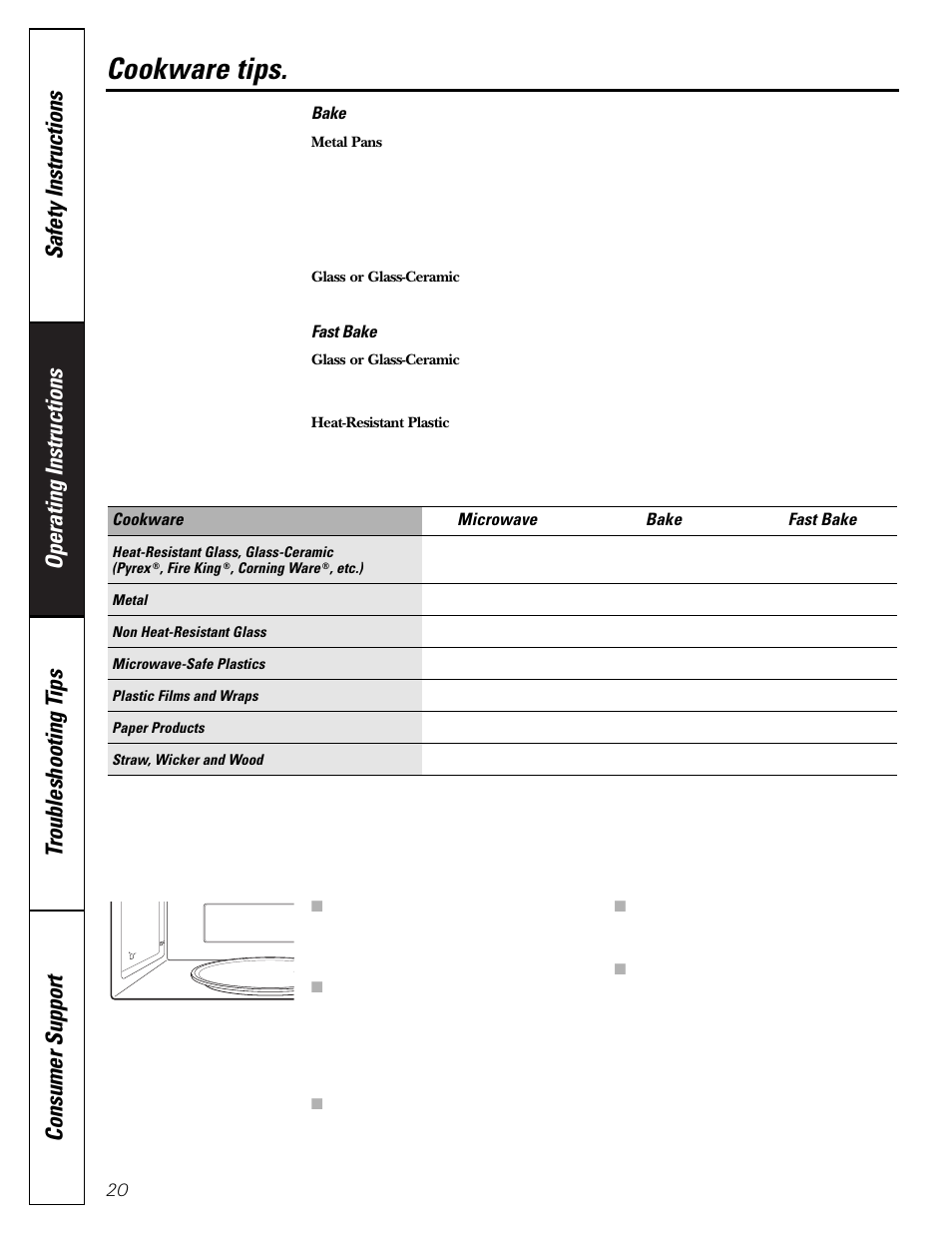 Cookware tips | GE SPACEMAKER JVM1490 User Manual | Page 20 / 72