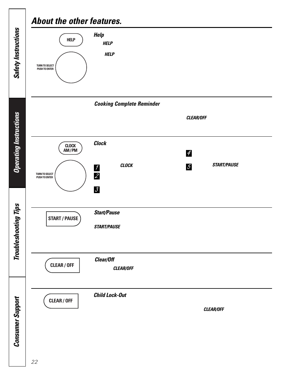 Other features, Child lock-out, Clear/off | Clock, Cooking complete reminder, Help, Start/pause, Other features –24, Help start/pause, About the other features | GE SPACEMAKER JVM1490 User Manual | Page 22 / 72