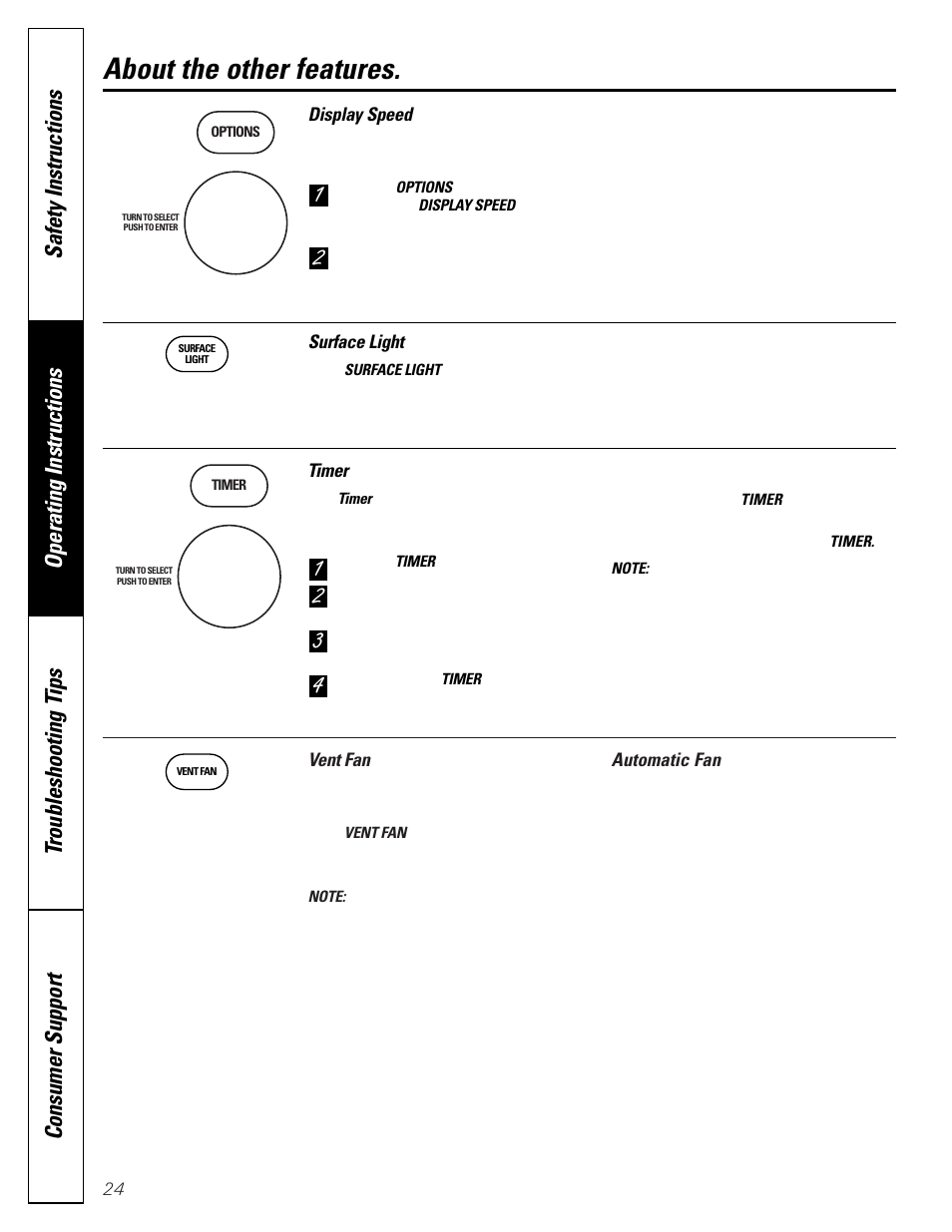 Automatic fan, Display speed, Surface light | Timer, Vent fan, Surface light timer vent fan, About the other features | GE SPACEMAKER JVM1490 User Manual | Page 24 / 72