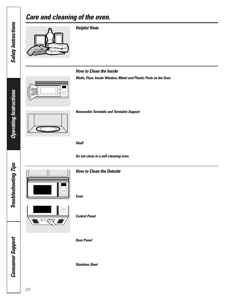 Inside, Outside, Stainless steel | Inside outside, Care and cleaning of the oven | GE SPACEMAKER JVM1490 User Manual | Page 26 / 72