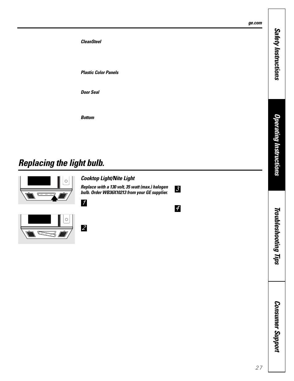 Replacing the light bulbs, Replacing the light bulb | GE SPACEMAKER JVM1490 User Manual | Page 27 / 72