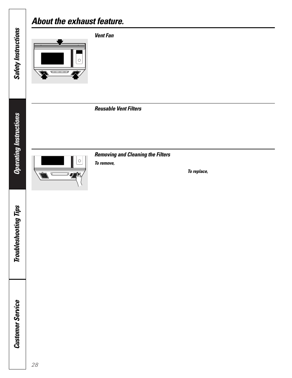 Vent filters, Vent filters , 29, About the exhaust feature | GE SPACEMAKER JVM1490 User Manual | Page 28 / 72