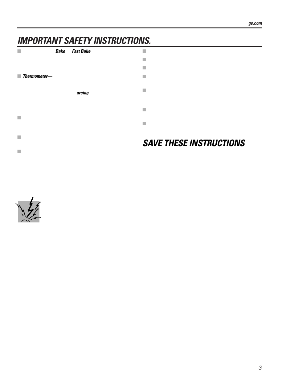 Important safety instructions, Save these instructions arcing | GE SPACEMAKER JVM1490 User Manual | Page 3 / 72