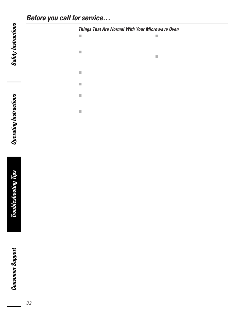 Things that are normal with your microwave oven, Before you call for service | GE SPACEMAKER JVM1490 User Manual | Page 32 / 72
