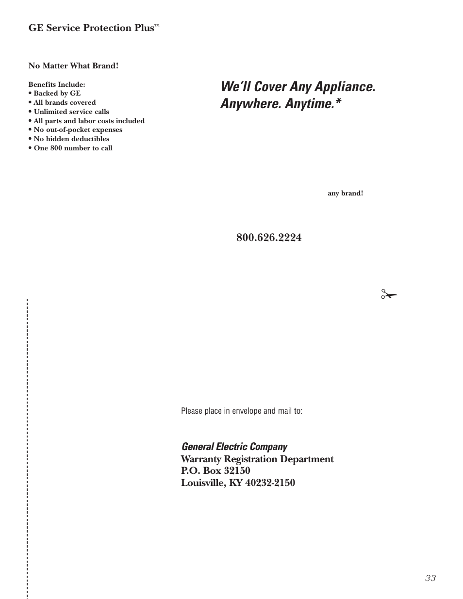 Product registration, Product registration , 34, We’ll cover any appliance. anywhere. anytime | GE SPACEMAKER JVM1490 User Manual | Page 33 / 72