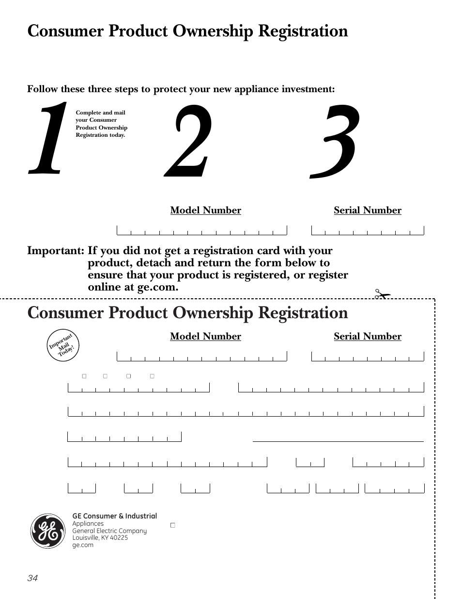 Consumer product ownership registration, Model number serial number | GE SPACEMAKER JVM1490 User Manual | Page 34 / 72