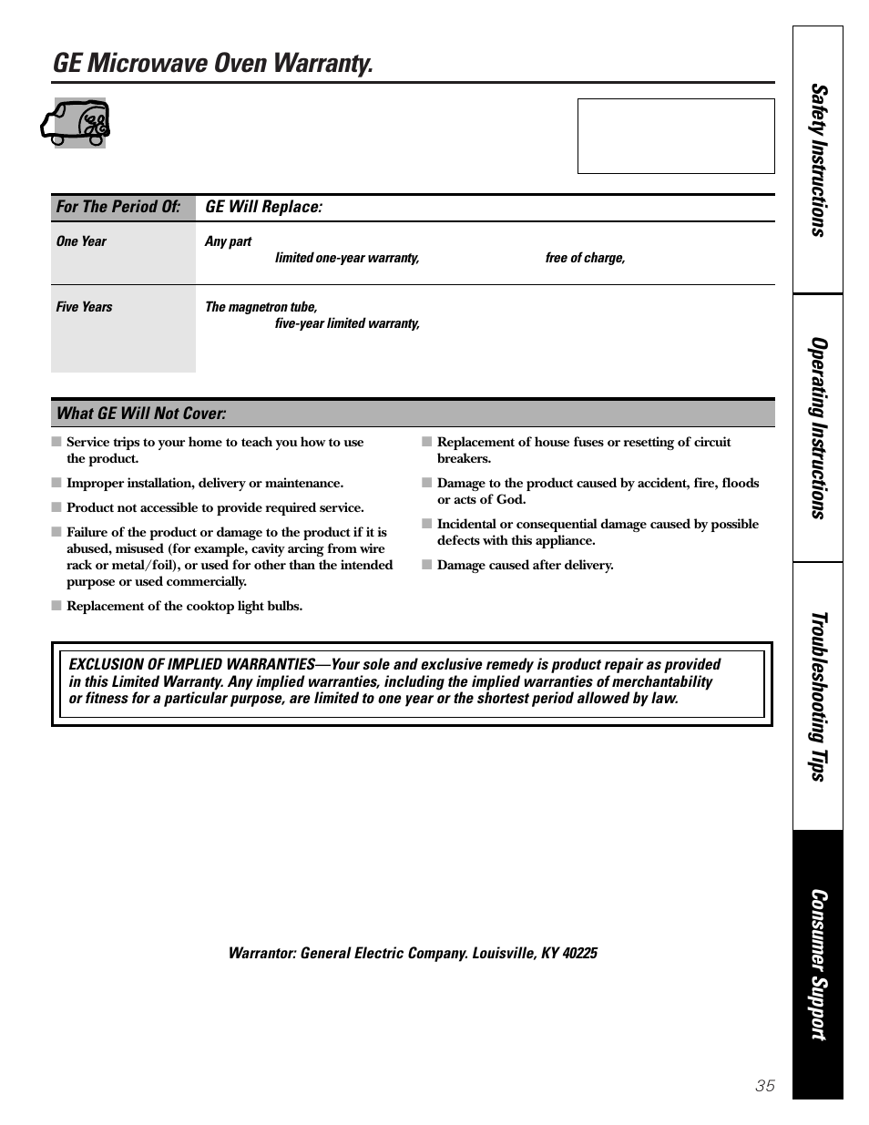 Warranty, Ge microwave oven warranty | GE SPACEMAKER JVM1490 User Manual | Page 35 / 72