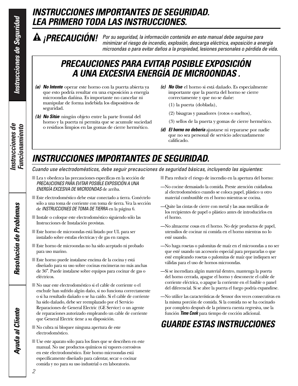Instrucciones de seguridad, Instrucciones importantes de seguridad, Guarde estas instrucciones ¡precaución | GE SPACEMAKER JVM1490 User Manual | Page 38 / 72